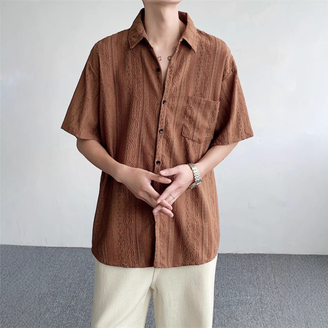 Men's Retro Jacquard Summer Shirt – Lightweight Short Sleeve Cardigan Style Shirt