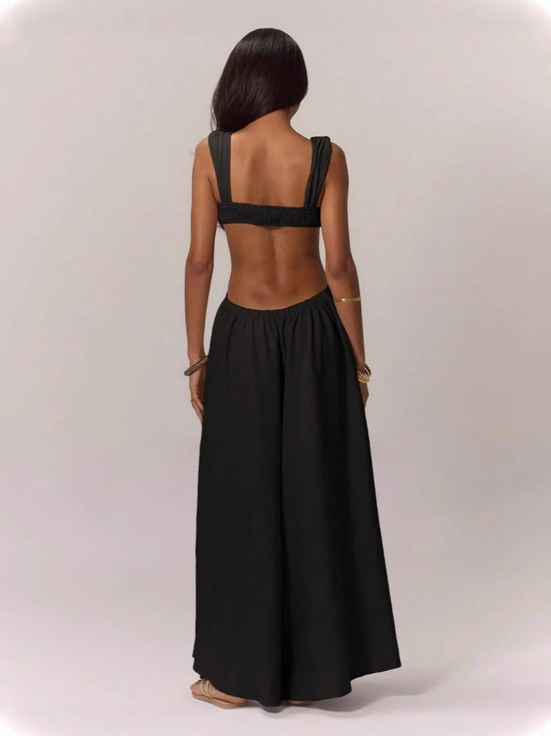 High-Waist Lace-Up Jumpsuit – Ice Silk Sleeveless Wide-Leg Romper