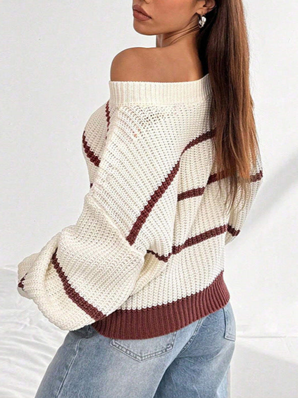 Off-Shoulder Striped Sweater – Lantern Sleeve Loose Knit Pullover