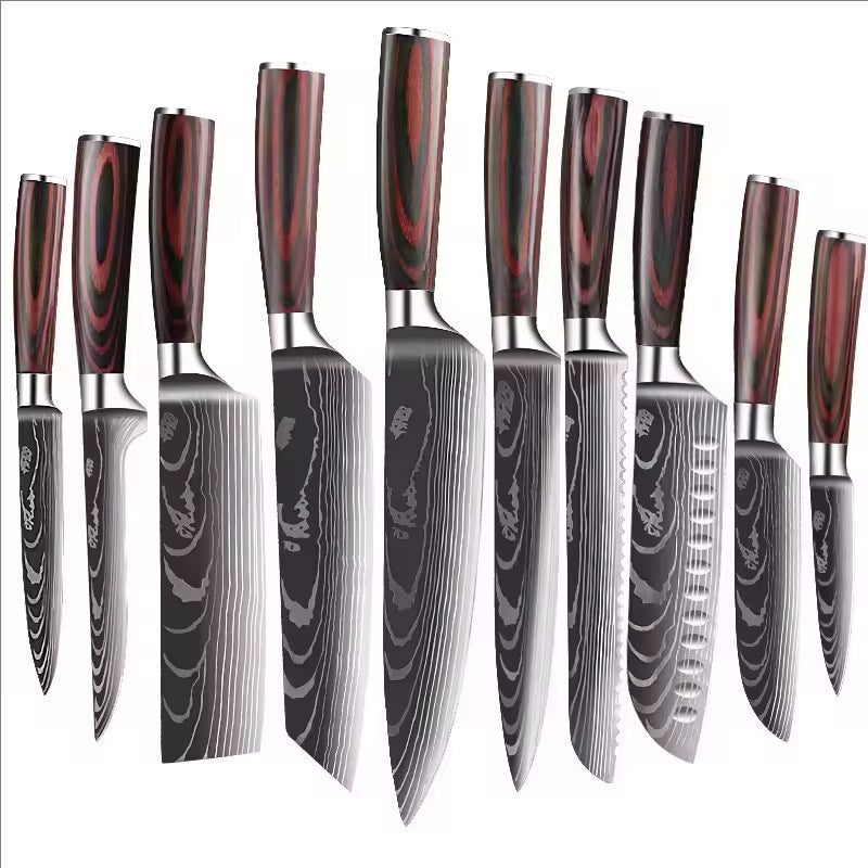 Damascus Pattern Chef Knife – Japanese-Style Santoku Knife with Wooden Handle