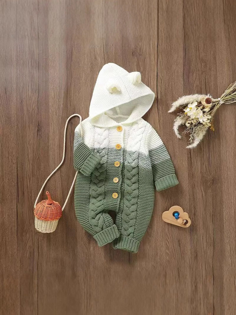 Knitted Baby Hooded Jumpsuit – Warm Acrylic One-Piece Romper