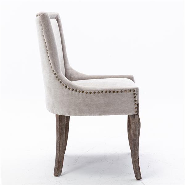 Beige Upholstered Dining Chair with Solid Wood Legs & Bronze Nailhead Trim