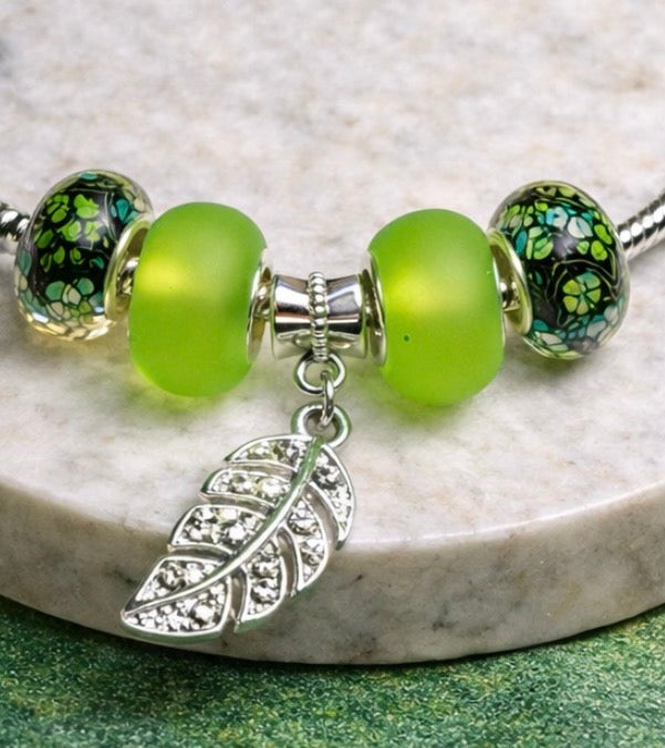 925 Sterling Silver Charm Bracelet – Snake Chain with Beads - Green