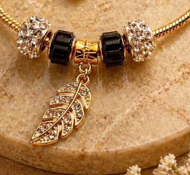 Gold Charm Bracelet – Snake Chain with Beads - Black