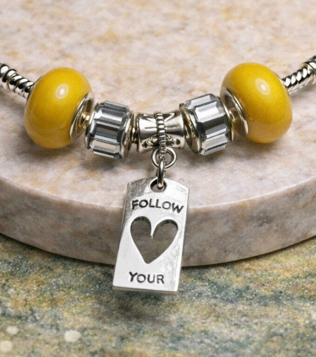 925 Sterling Silver Charm Bracelet – Snake Chain with Beads - Yellow