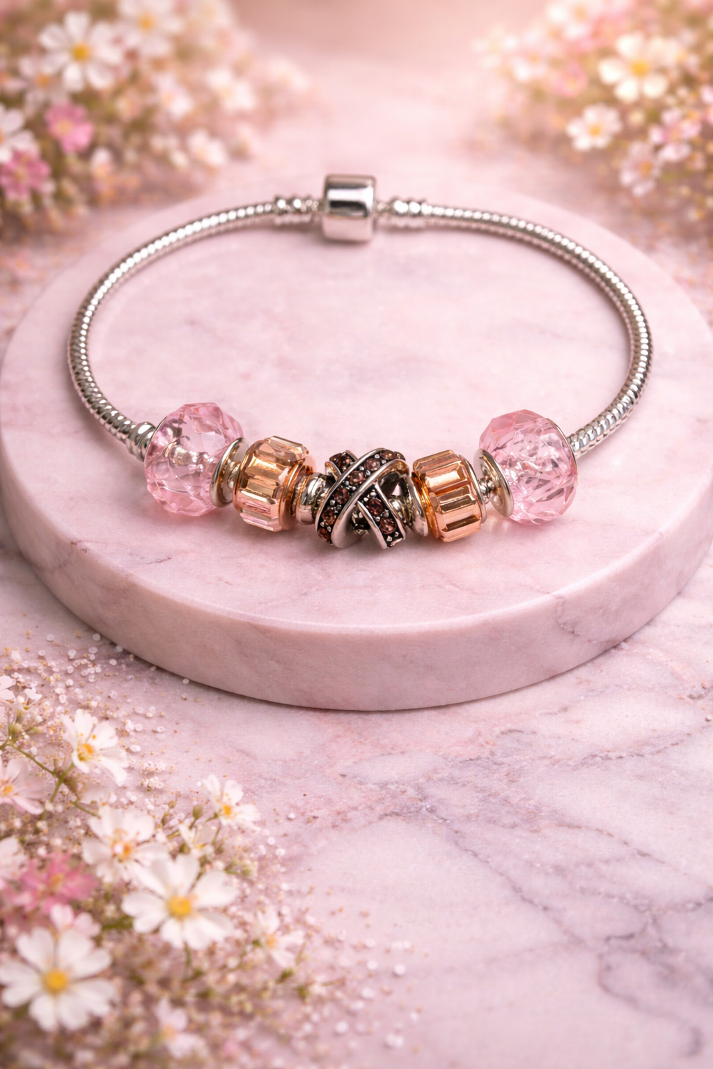 925 Sterling Silver Charm Bracelet – Snake Chain with Beads - Pink