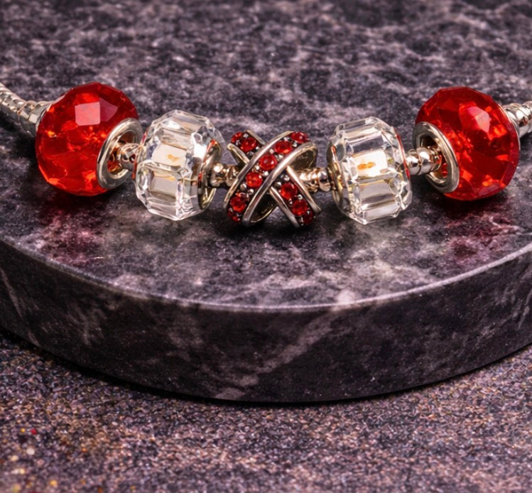 925 Sterling Silver Charm Bracelet – Snake Chain with Beads - Red