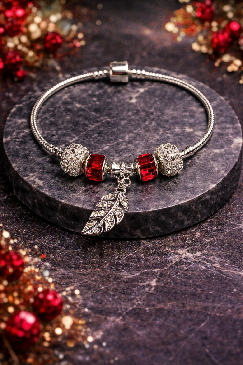 925 Sterling Silver Charm Bracelet – Snake Chain with Beads - Red