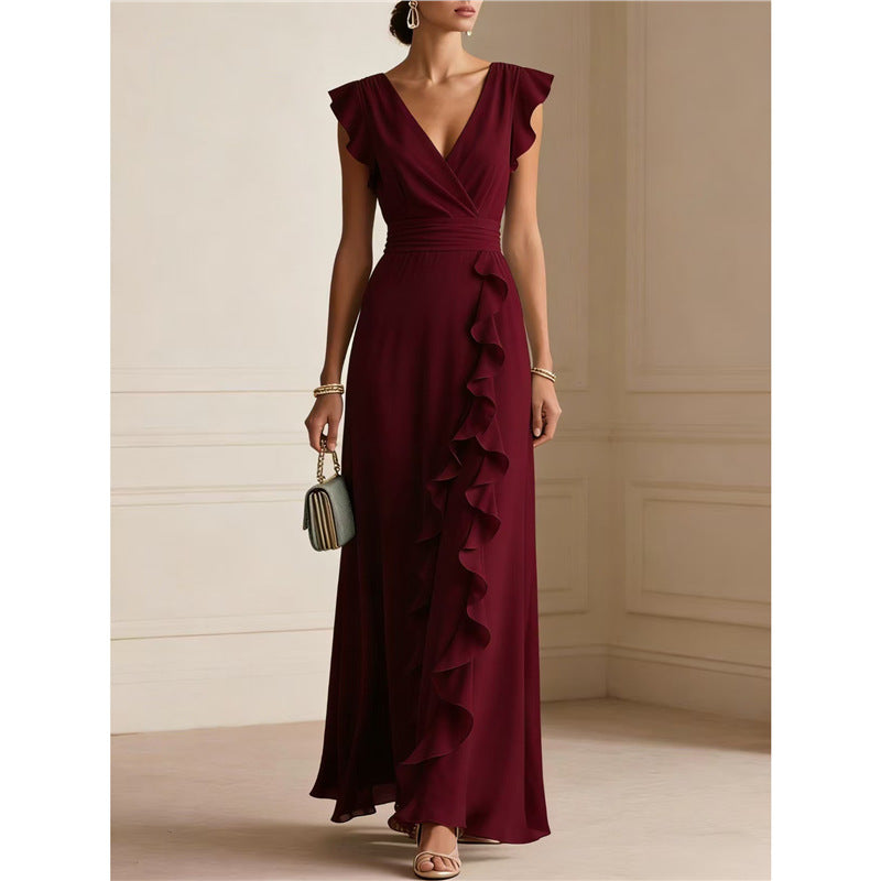 Women’s Sleeveless Maxi Dress – V-Neck High Waist Pleated Dress