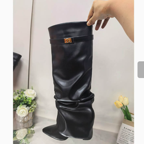 Pointed Toe Knee-High Boots – Thick Heel Pleated Side-Zip Fashion Boots