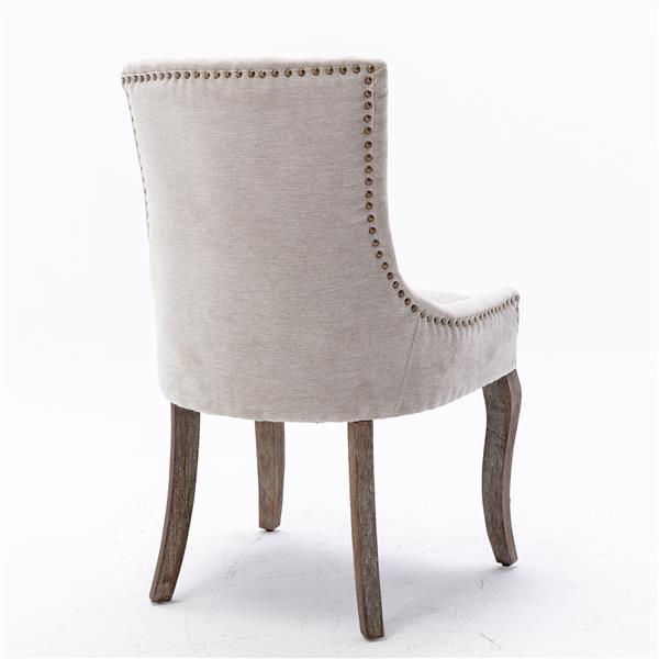 Beige Upholstered Dining Chair with Solid Wood Legs & Bronze Nailhead Trim