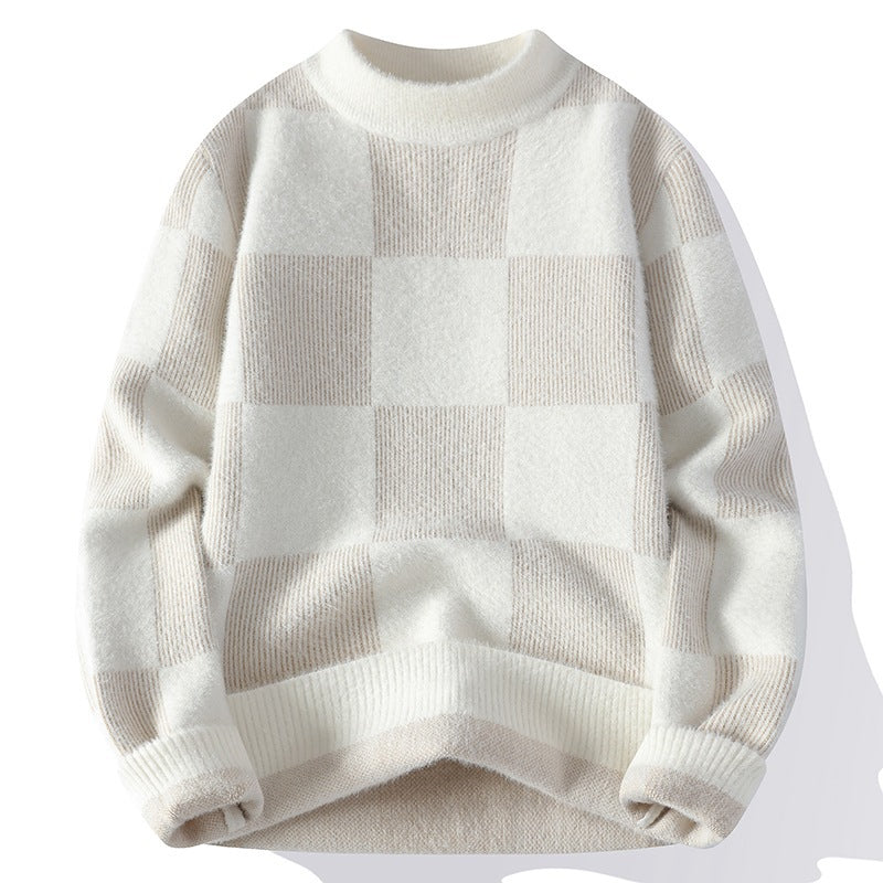 Slim Fit Half Turtleneck Sweater – Thick Jacquard Color Block Winter Pullover