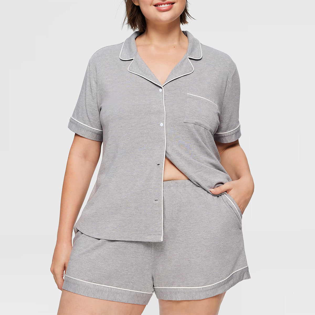 Cloud-Soft Plus Size Pajama Set – Breathable Lapel Lounge Shorts Set