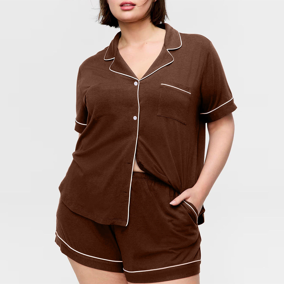 Cloud-Soft Plus Size Pajama Set – Breathable Lapel Lounge Shorts Set
