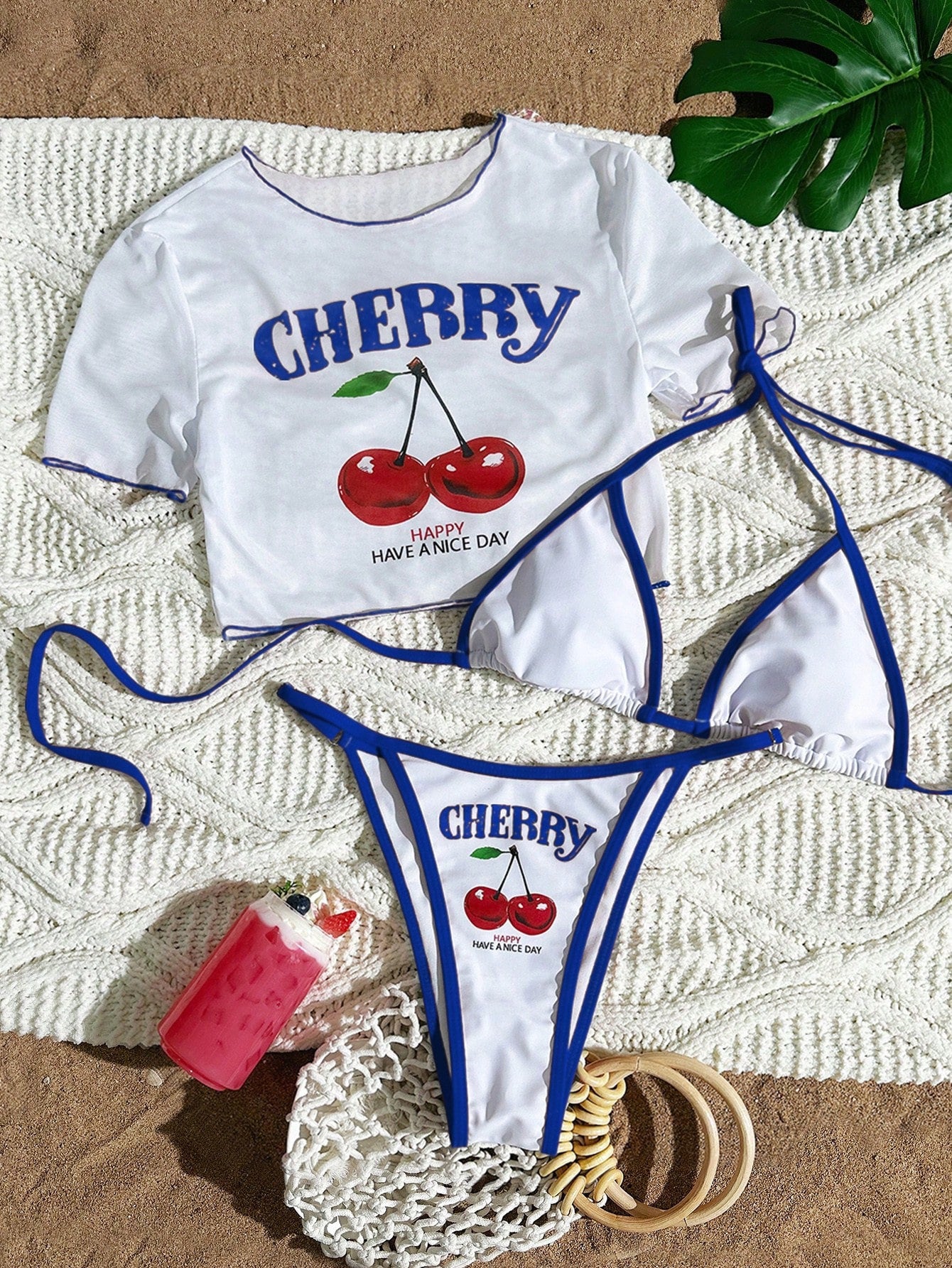 Women’s Three-Piece Bikini Set – Color Block Swimwear with Cover-Up