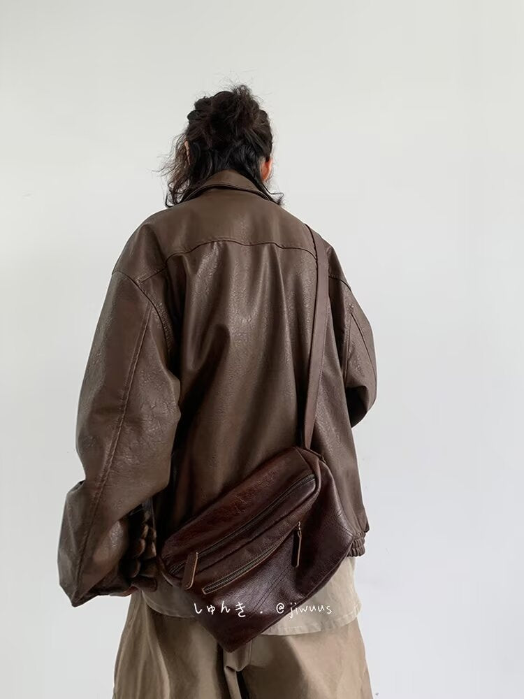 Retro PU Leather Jacket – Japanese-Inspired Vintage Unisex Outerwear