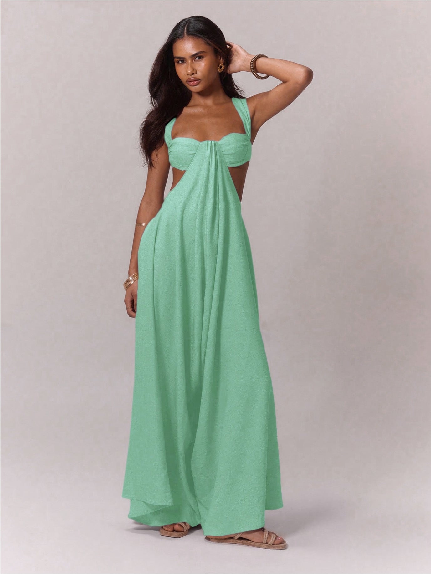 High-Waist Lace-Up Jumpsuit – Ice Silk Sleeveless Wide-Leg Romper