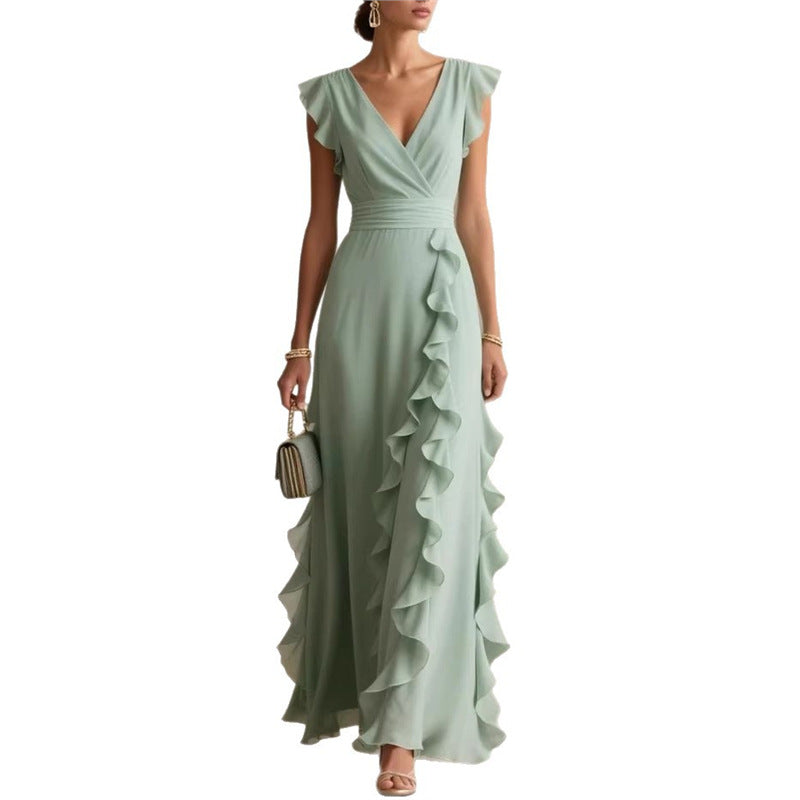 Women’s Sleeveless Maxi Dress – V-Neck High Waist Pleated Dress
