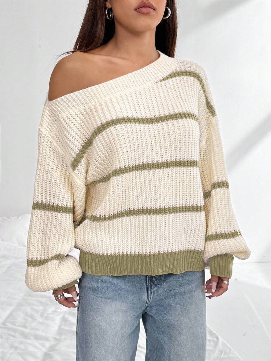 Off-Shoulder Striped Sweater – Lantern Sleeve Loose Knit Pullover