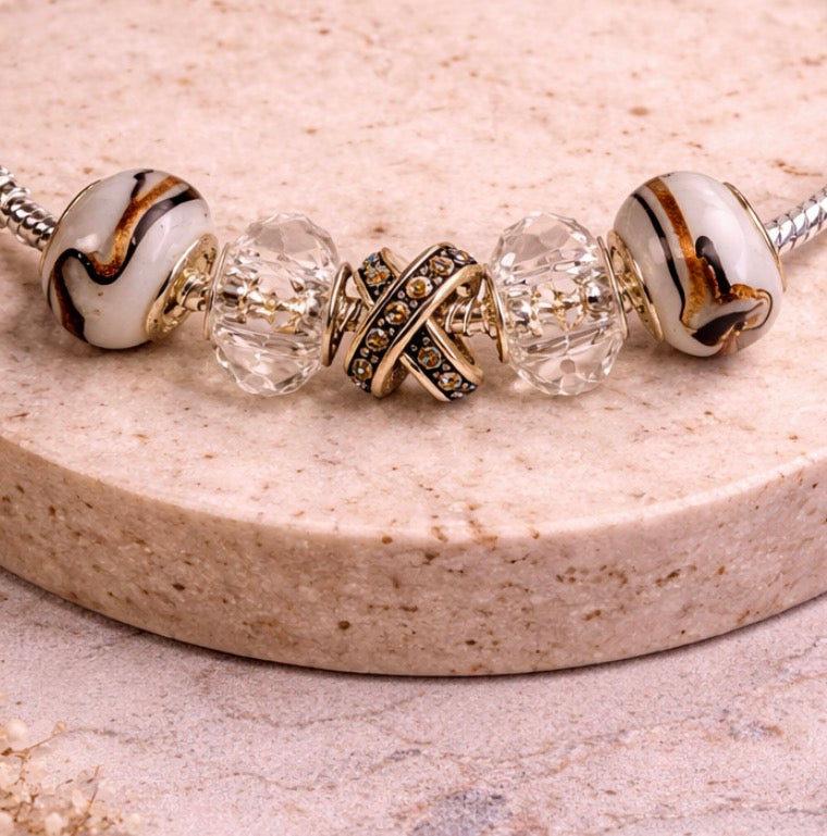 925 Sterling Silver Charm Bracelet – Snake Chain with  Beads - Bronze