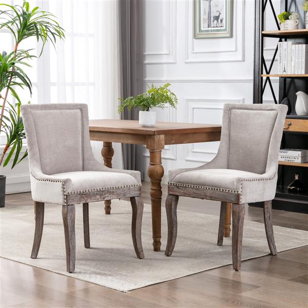Beige Upholstered Dining Chair with Solid Wood Legs & Bronze Nailhead Trim