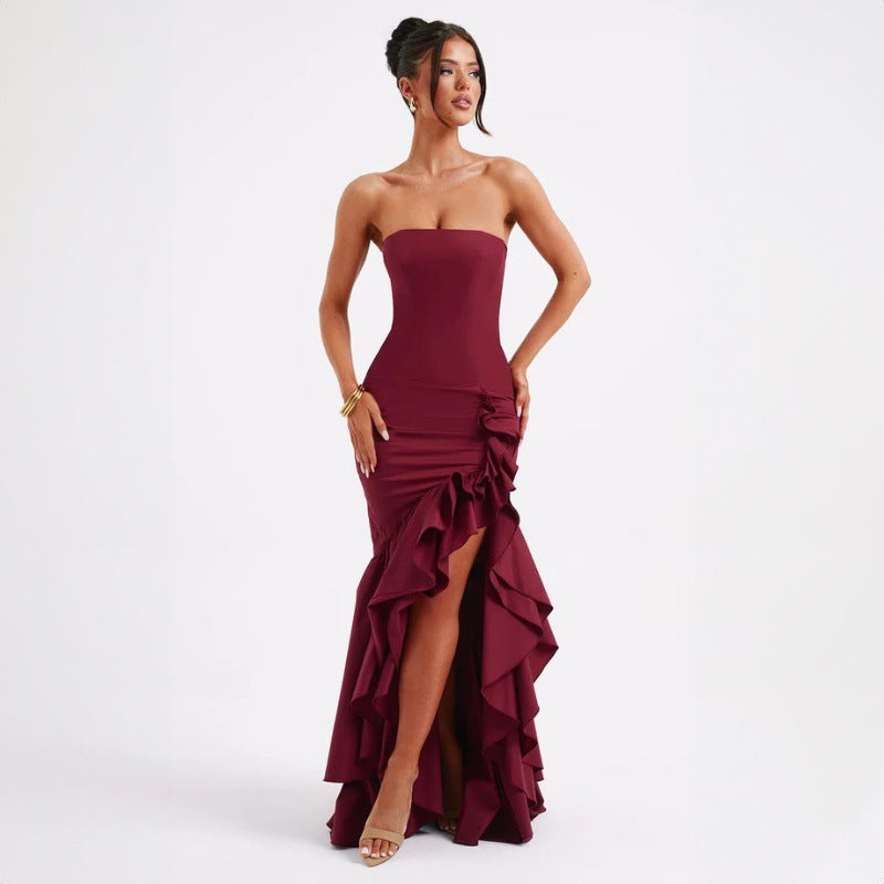 Women’s Off-Shoulder Maxi Dress – Asymmetrical High Waist Lotus Hem Dress