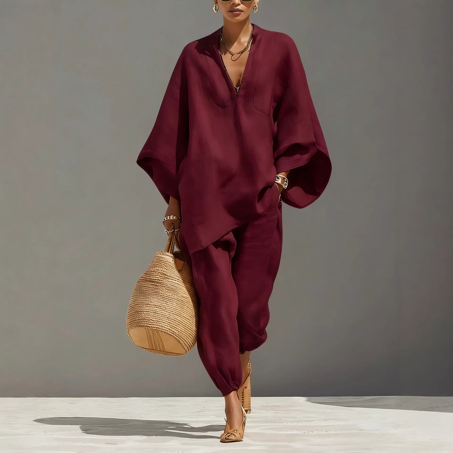 Women’s Batwing Sleeve Lounge Set – Loose Fit V-Neck Two-Piece Outfit