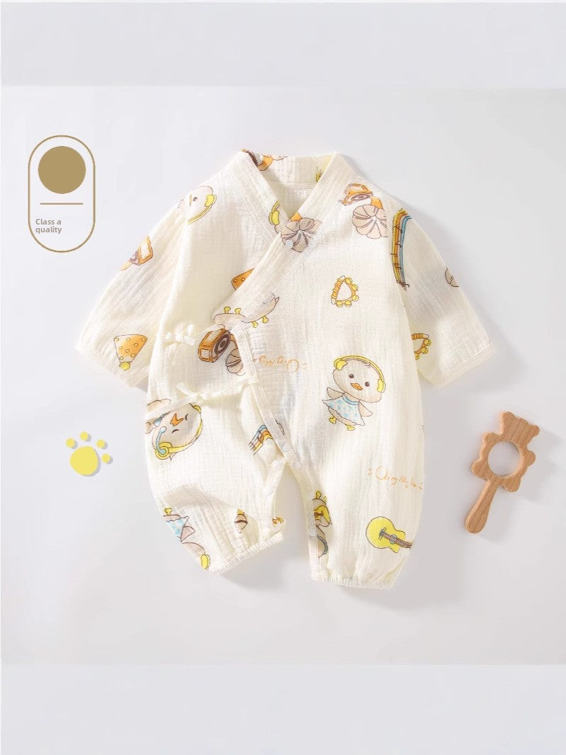 100% Cotton Baby Romper – Long Sleeve Gauze Slanted Tie Jumpsuit (Four-Season Wear)