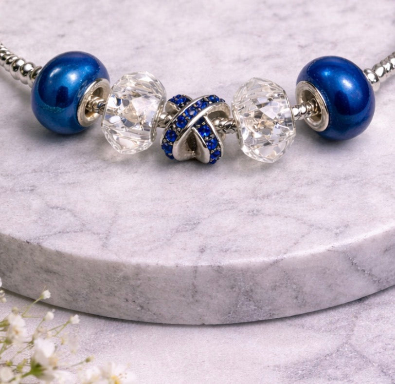 925 Sterling Silver Charm Bracelet – Snake Chain with Beads -  Shiny Blue