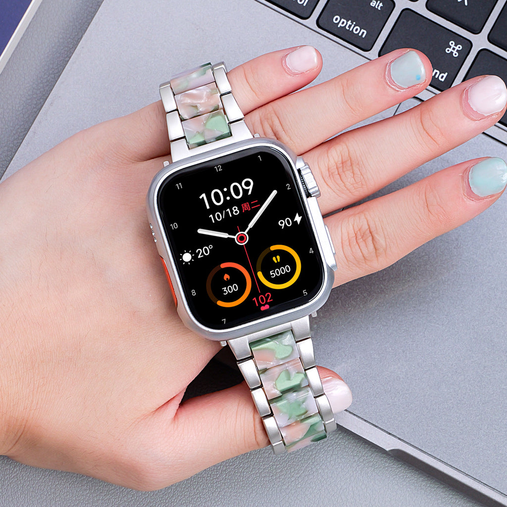 Metal Rainbow Resin Apple Watch Strap – Three-Bead Folding Buckle Replacement Band