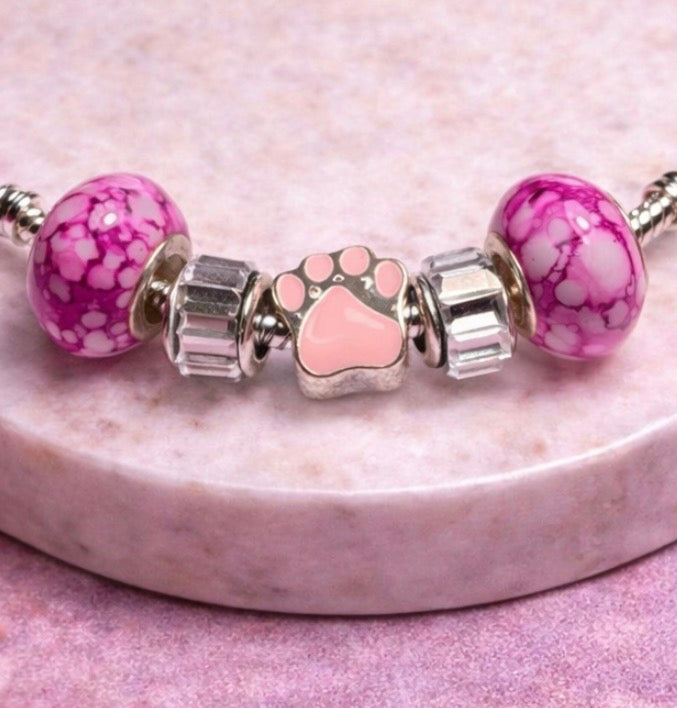 925 Sterling Silver Charm Bracelet – Snake Chain with Beads - Pink