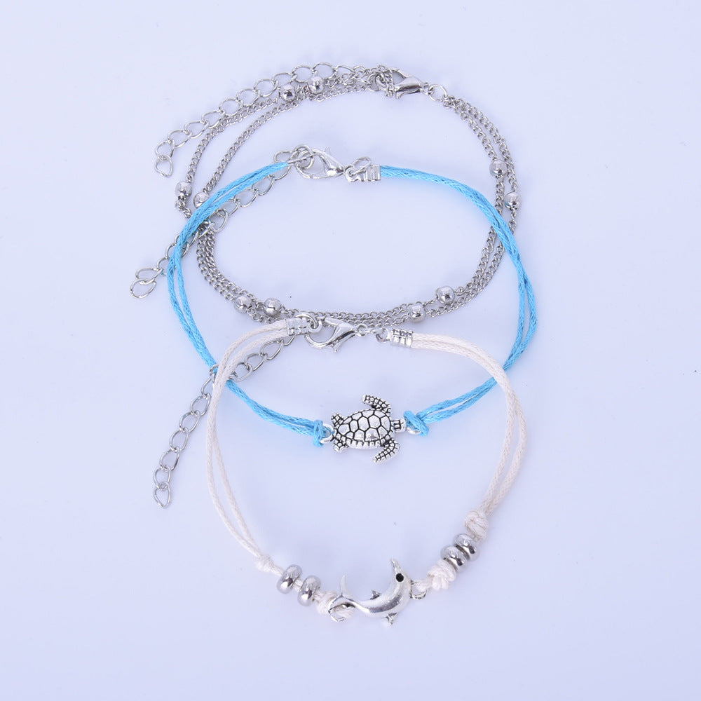 Bohemian Multi-Layer Turtle & Dolphin Anklet Set – Retro Beach Jewelry