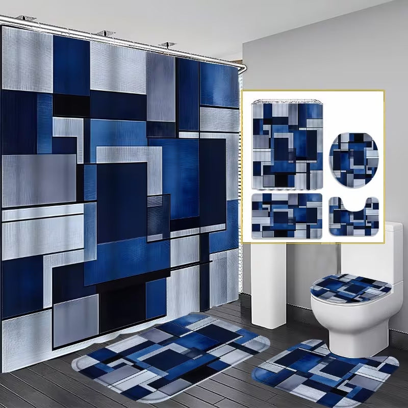 Geometric Shower Curtain Set – 4-Piece Bathroom Decor with Mats