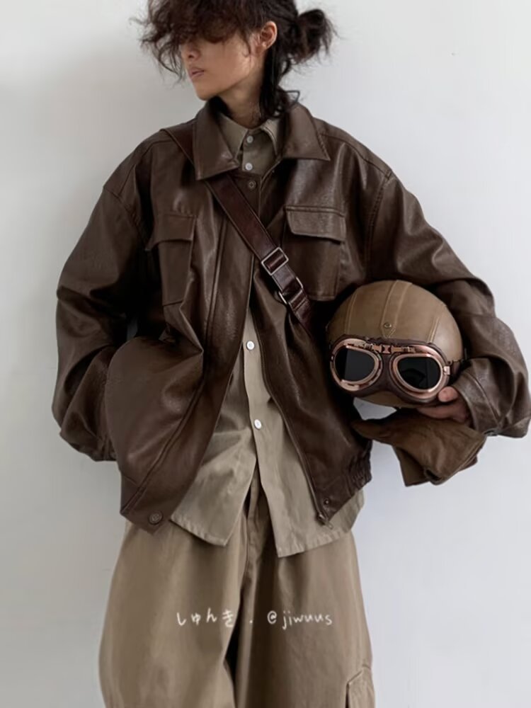 Retro PU Leather Jacket – Japanese-Inspired Vintage Unisex Outerwear