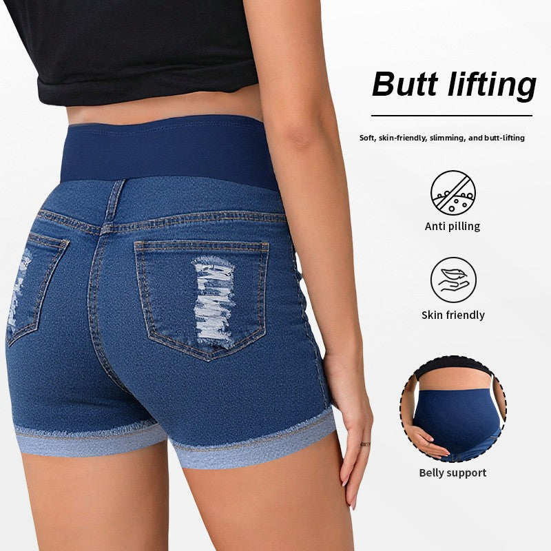 High-Waist Maternity Ripped Denim Shorts – Stretch Pregnancy Summer Shorts with Belly Support