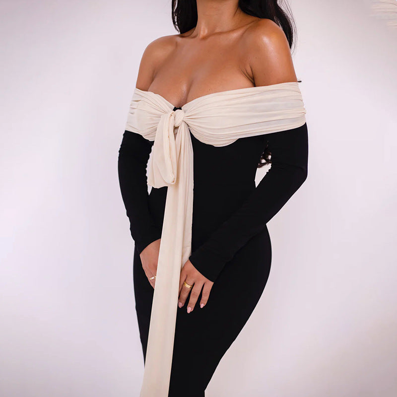 Color Block Off-Shoulder Bodycon Maxi Dress