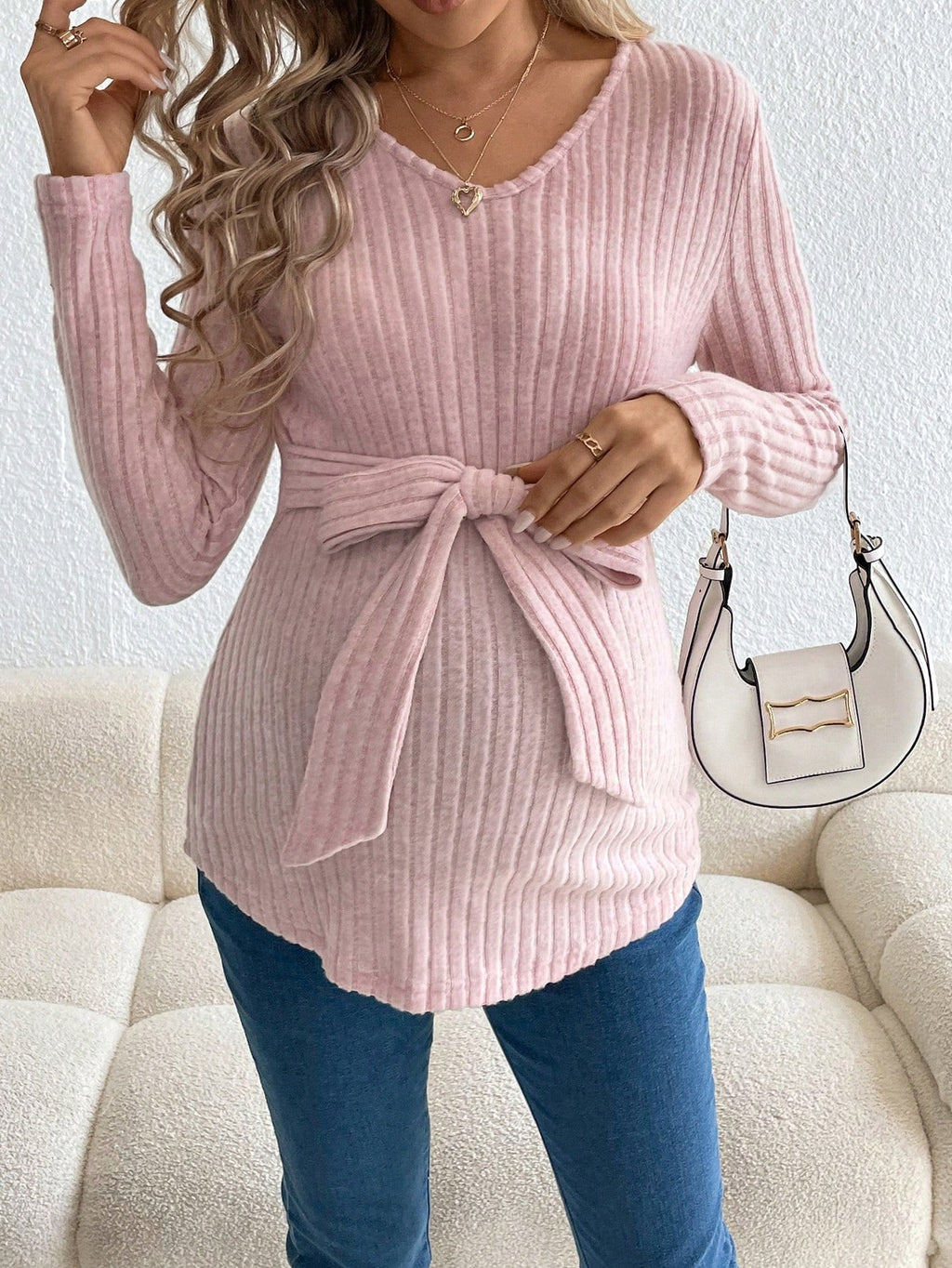 Maternity V-Neck Knit Top – Adjustable Lace-Up Waist Long Sleeve Pregnancy Shirt