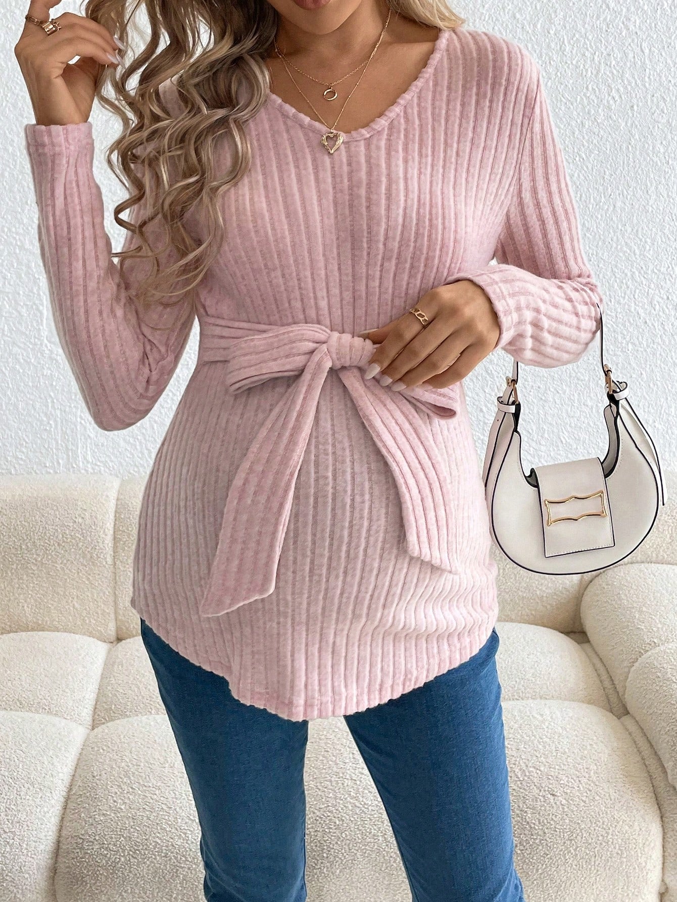 Maternity V-Neck Knit Top – Adjustable Lace-Up Waist Long Sleeve Pregnancy Shirt