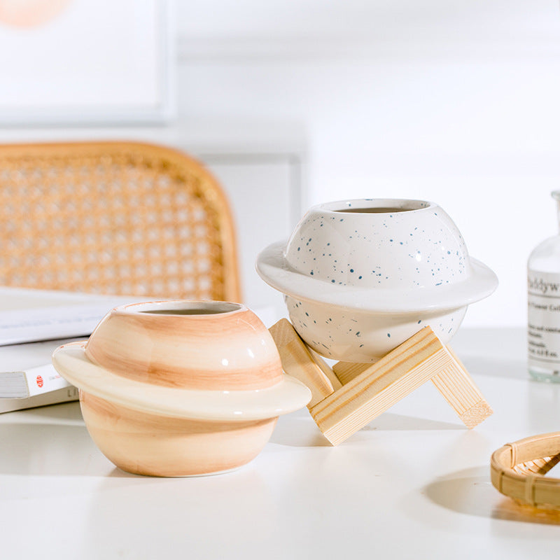 Nordic Planet Ceramic Flower Pot – Creative Self-Watering Planter with Wooden Stand