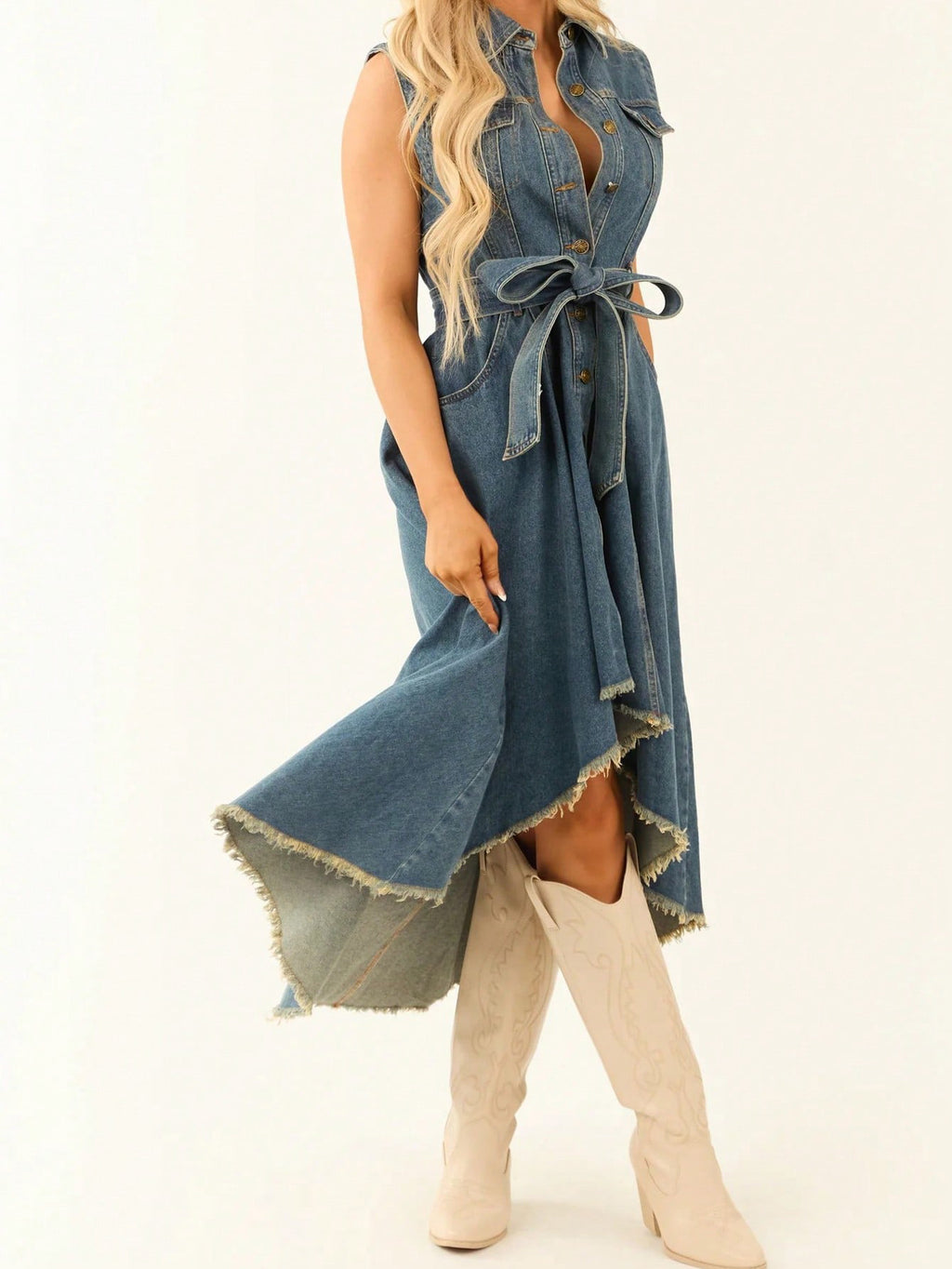 Women’s Denim Midi Dress – Sleeveless Lace-Up Irregular Hem Dress