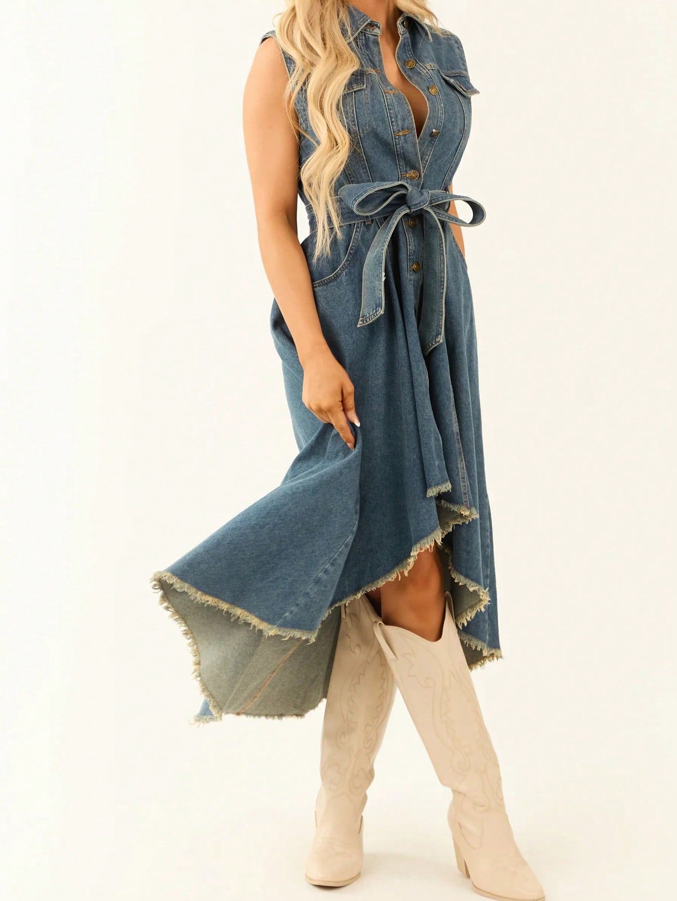 Women’s Denim Midi Dress – Sleeveless Lace-Up Irregular Hem Dress
