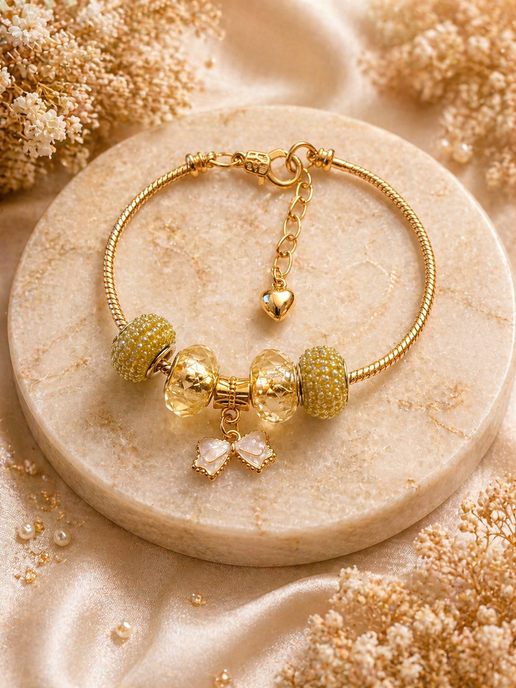 Gold Charm Bracelet – Snake Chain with Beads- Green & Yellow