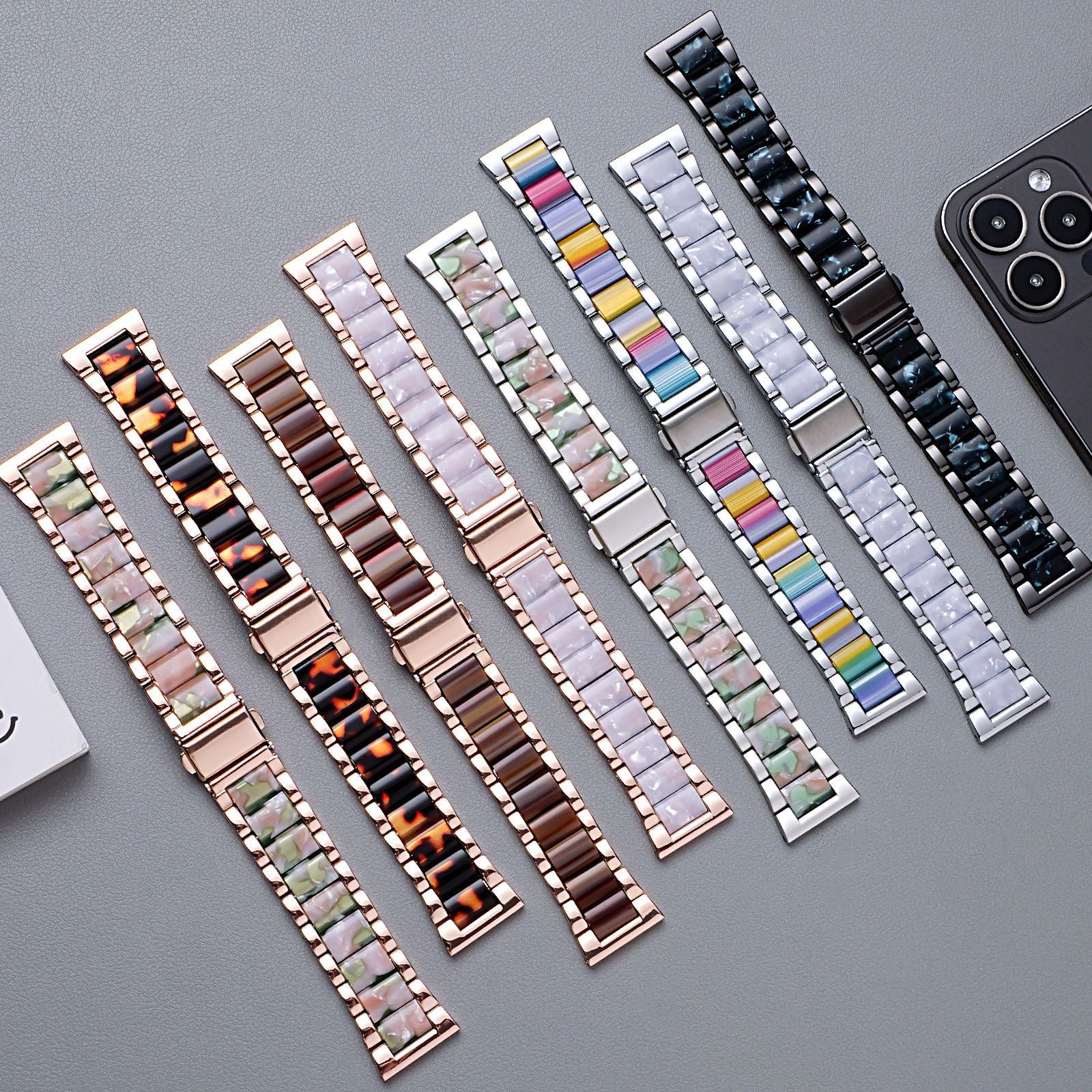 Metal Rainbow Resin Apple Watch Strap – Three-Bead Folding Buckle Replacement Band