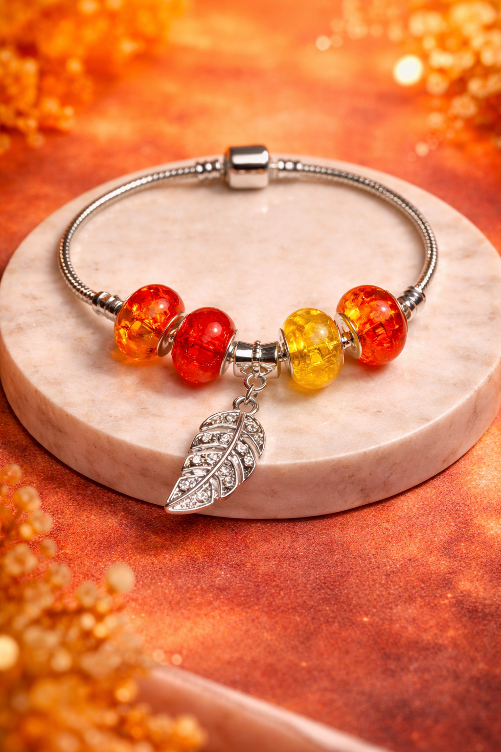 925 Sterling Silver Charm Bracelet – Snake Chain with Beads - Orange and Yellow