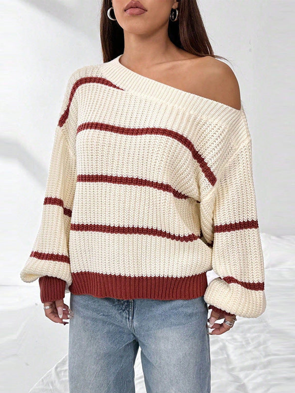 Off-Shoulder Striped Sweater – Lantern Sleeve Loose Knit Pullover