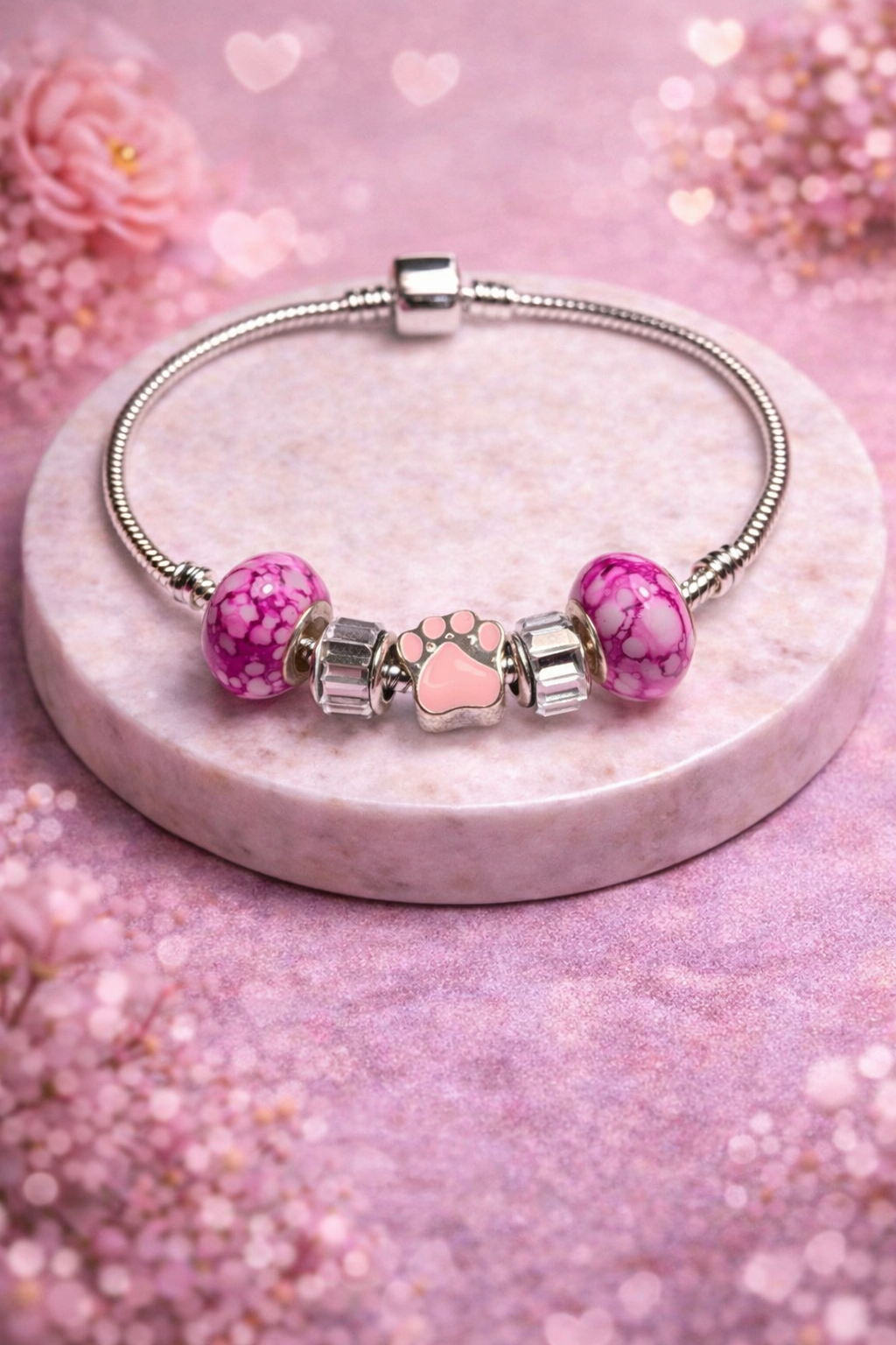 925 Sterling Silver Charm Bracelet – Snake Chain with Beads - Pink