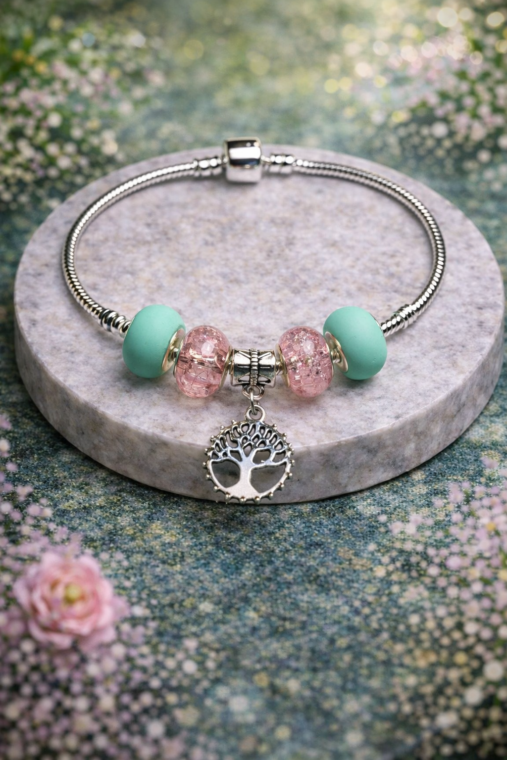 925 Sterling Silver Charm Bracelet – Snake Chain with Beads - Teal and Pink
