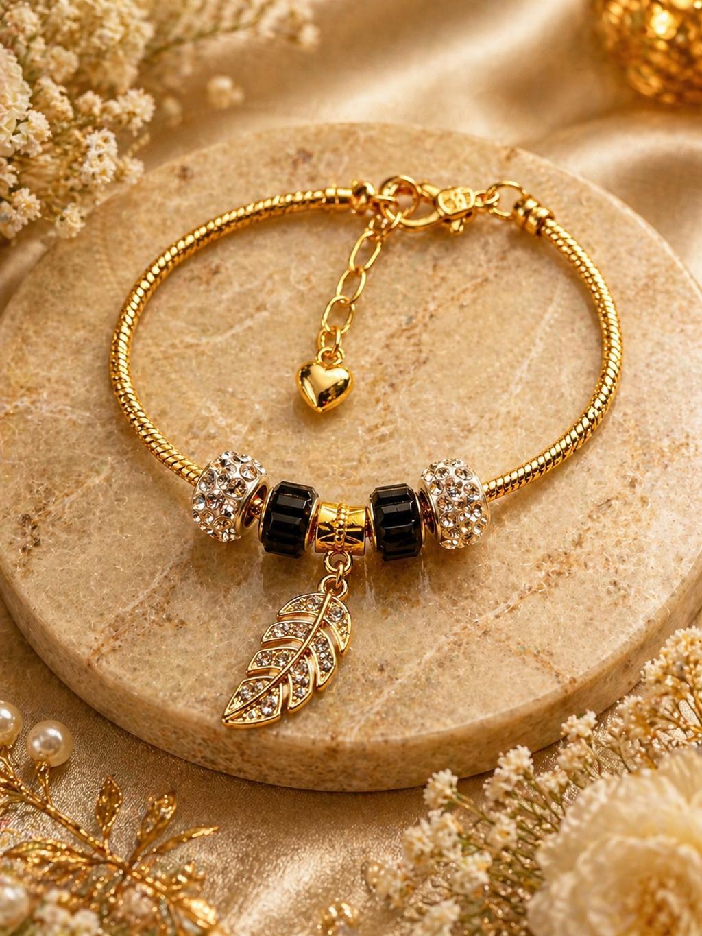 Gold Charm Bracelet – Snake Chain with Beads - Black
