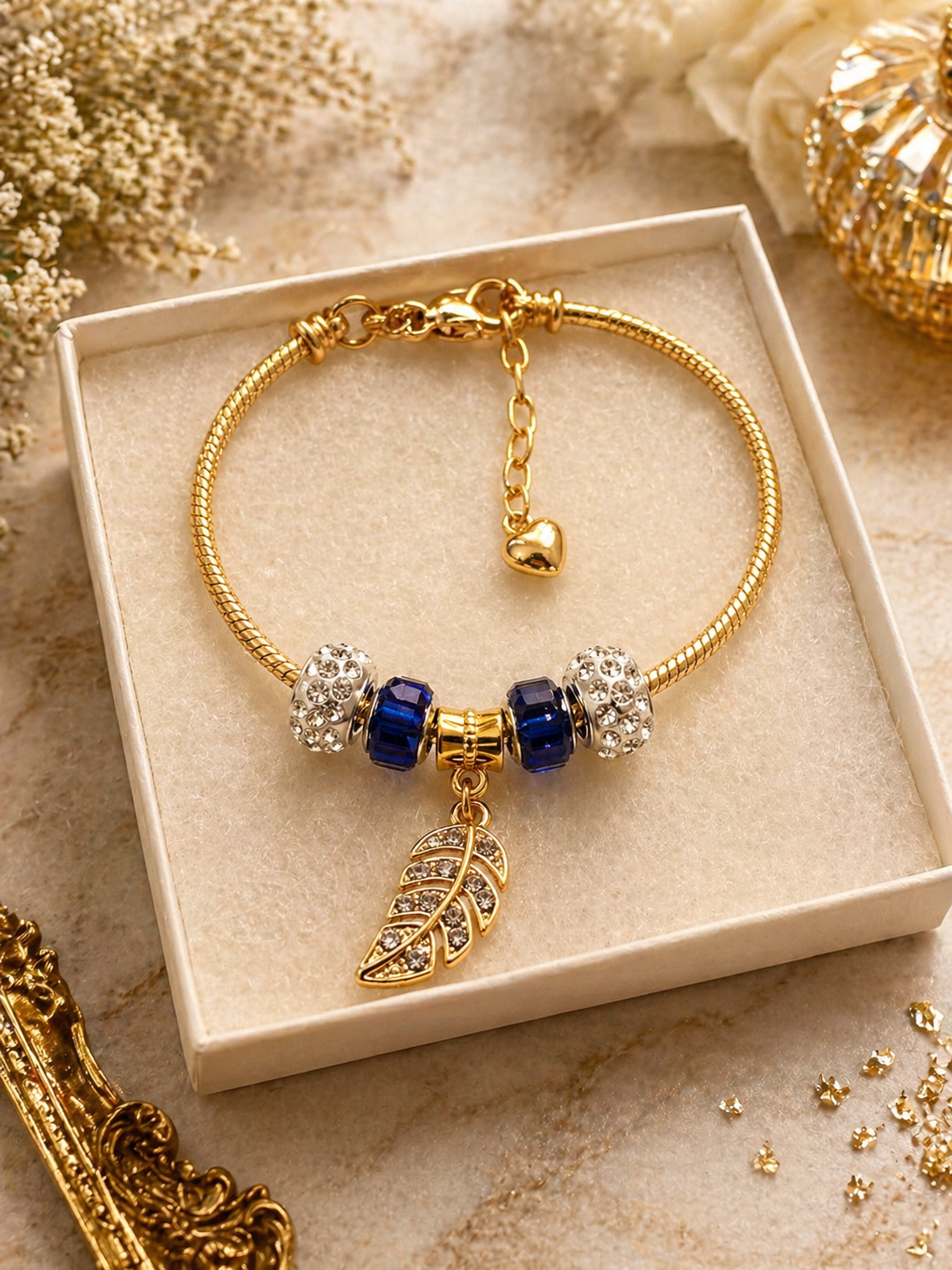 Gold Charm Bracelet – Snake Chain with Unique Designed Beads - Dark Blue