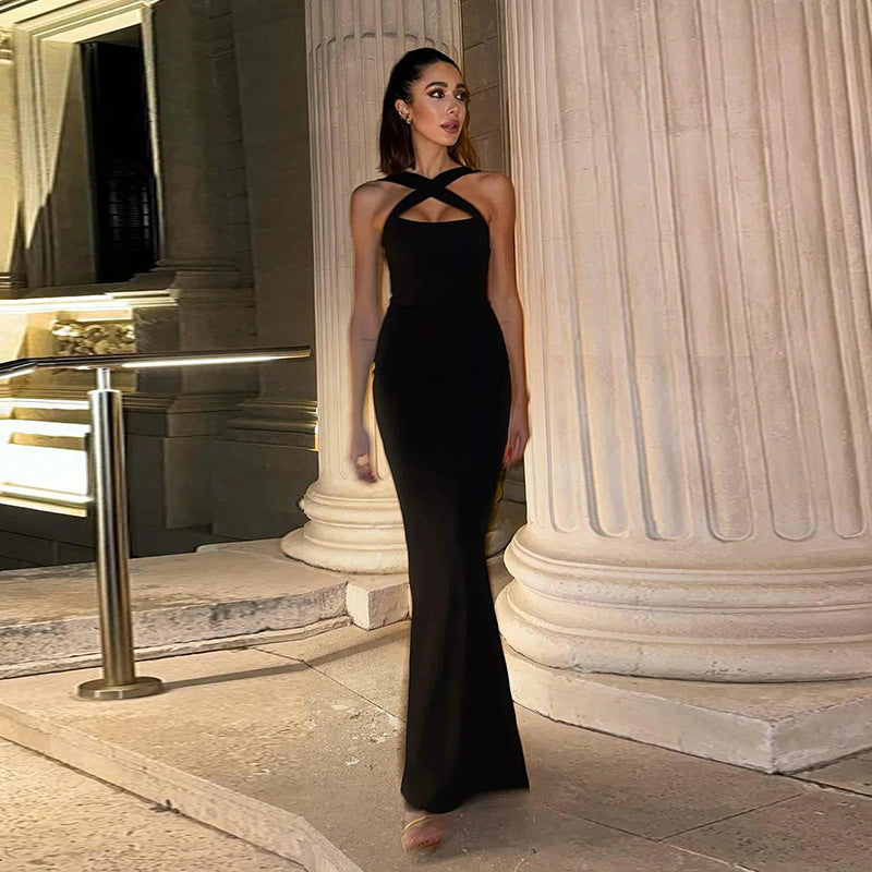 Women’s Backless Bodycon Maxi Dress – Cross Neck High Waist Dress